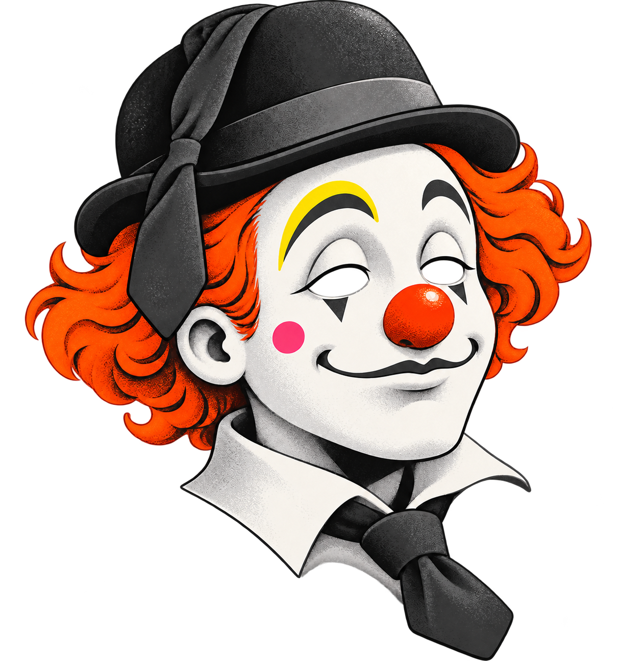 A cheerful floating clown wearing a dark hat and loose necktie